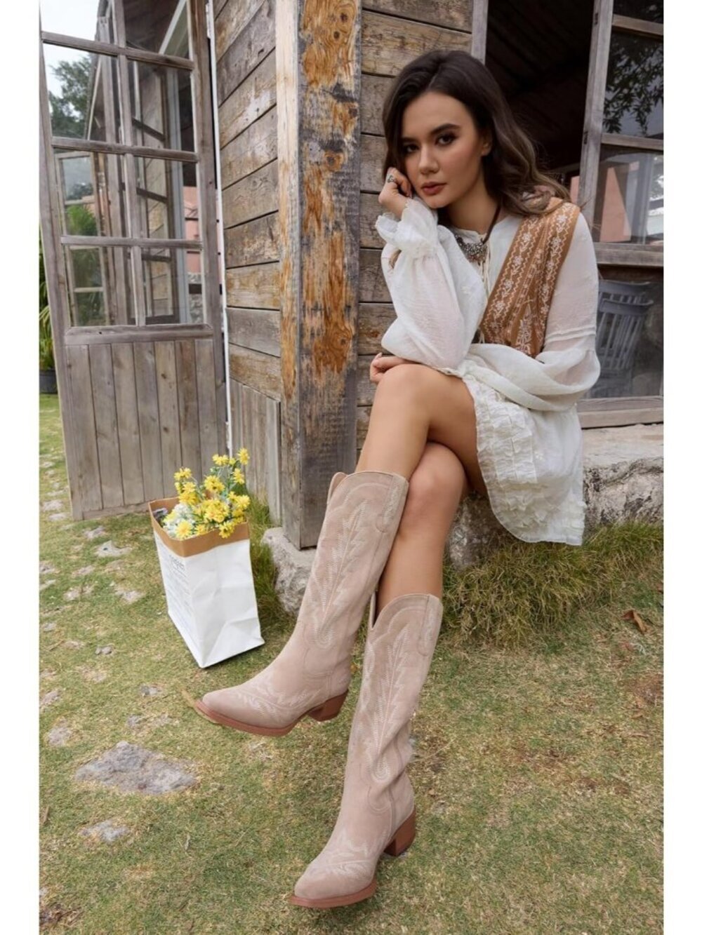 Women's Suede Khaki Knee High Boots Wide Calf Retro Chunky Heel Pointed Toe - Picture 6 of 6